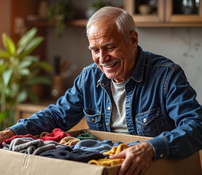 A man is holding a box filled with clothes. AI generated content