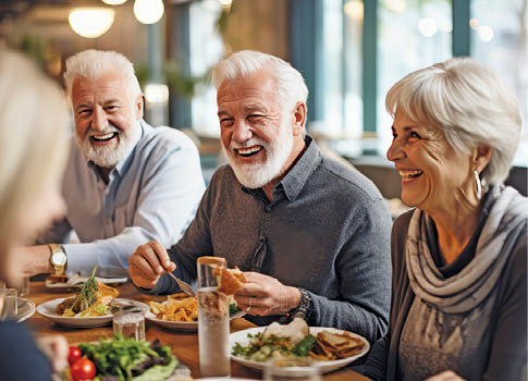 elderly friends eating dinner in restaurant.